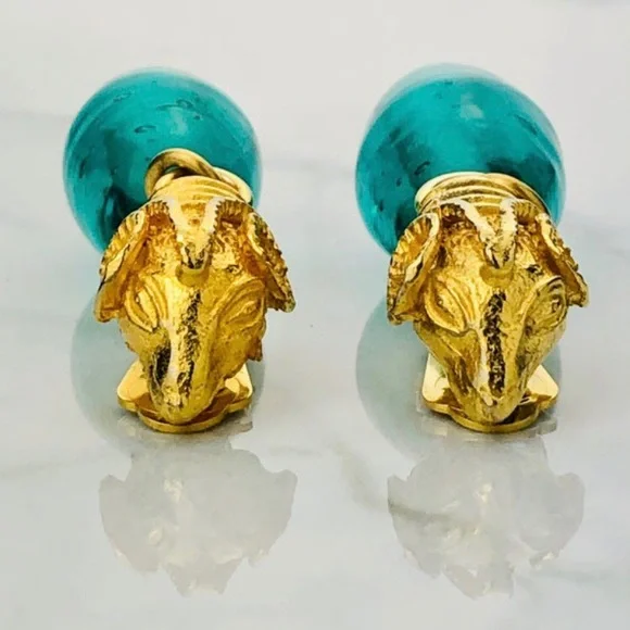 RARE VTG 80s Liza O Etruscan Ram Head Teal Colored Hand Blown Art Glass Earrings - Picture 7 of 9